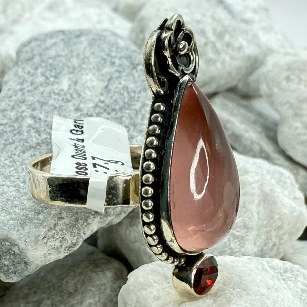 NWT Sterling Silver Rose Quartz & Garnet Ring Size 9 Southwestern Boho 925